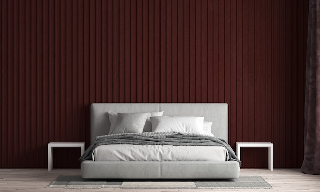 Das schöne moderne Modell und Innenraum des Schlafzimmers und der roten Texturwandstrukturhintergrund-Wiedergabe