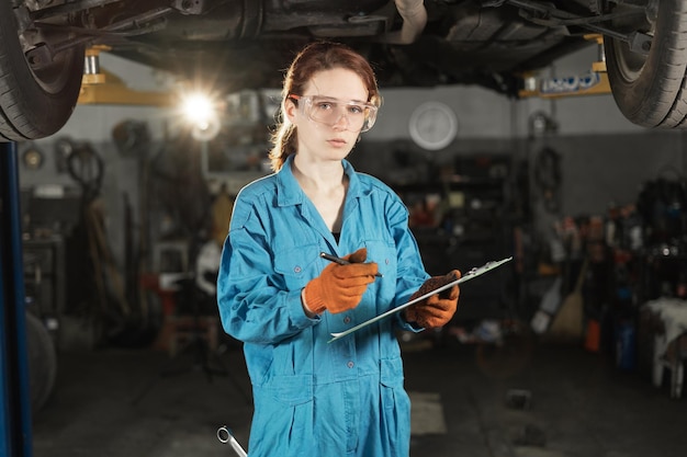 Das schöne Porträt einer professionellen Automechanikerin steht vor dem Hintergrund eines erhöhten Autos, das einen Stift in den Händen hält, und blickt in die Kamera