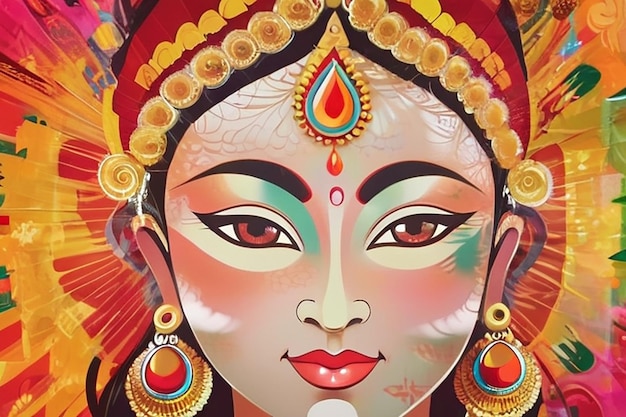 Das schöne und kreative Gesicht von Maa Durga oder Devi Durga auf der farbenfrohen Durga Puja des Chaitra Navratri Festivals