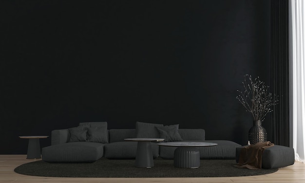 Das schwarze Sofa mit grauen Kissen vor dem leeren WandhintergrundInnendesign im minimalen Stil