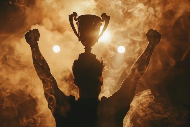 Foto das siegerteam hält die goldene champion-trophäe im sieg