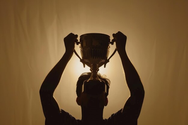 Foto das siegerteam hält die goldene champion-trophäe im sieg