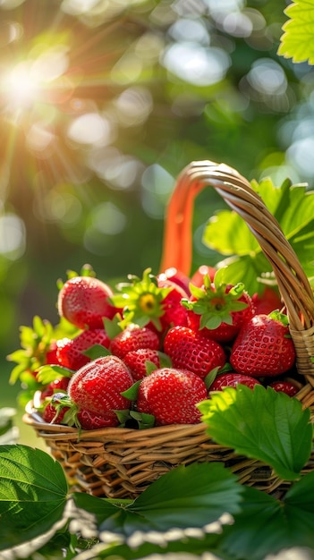 Das Sonnenlicht durchdringt das Laub und scheint auf einen Korb mit Erdbeeren und bietet ein erfrischendes Bild von natürlicher Süße und Vitalität