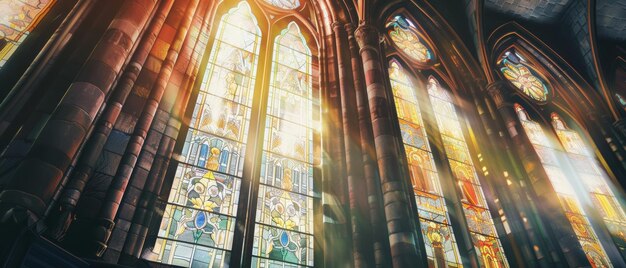 Das Sonnenlicht filtert durch Buntglas und beleuchtet das heilige Innere einer Kathedrale