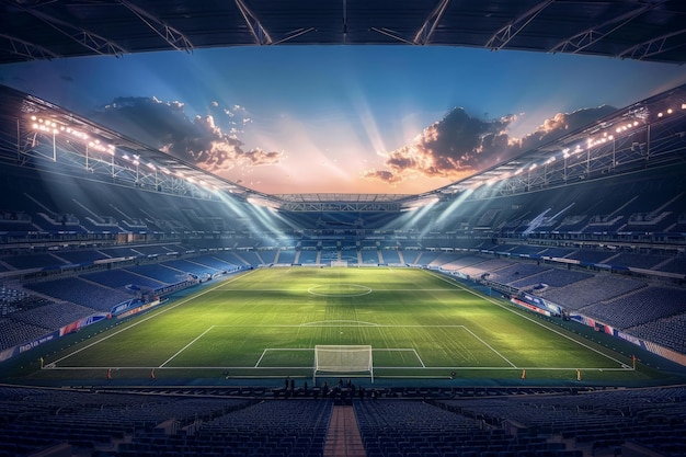 Das Sonnenlicht filtert durch dramatische Wolken und wirft ein warmes und ätherisches Leuchten über ein geschäftiges Fußballstadion