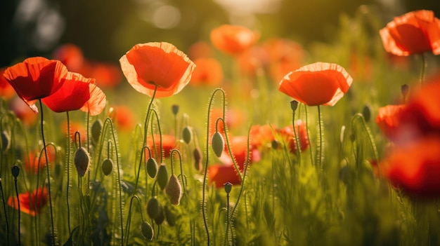 Das Sonnenlicht filtert durch ein lebendiges Feld von roten Mohnblumen, ein ergreifendes Symbol der Erinnerung und des zarten Tanzes des Lebens.