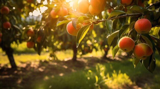 Das Sonnenlicht filtert durch einen Obstgarten und hebt reife Pfirsiche auf einem Baumzweig hervor