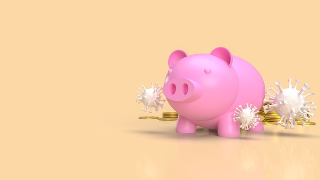 Das Sparschwein und das Virus für Geld oder Geschäft im Coronavirus-Krisenkonzept 3d-Rendering