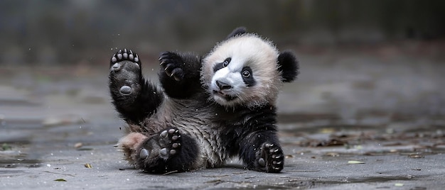 Das spielerische Panda-Junge stürzt auf den Boden