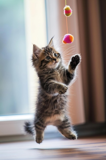 Foto das spielerische tabby-kätzchen springt, um farbenfrohe spielzeugkugeln zu fangen