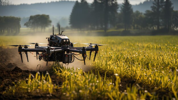 Foto das sprühen mit drohnen in der landwirtschaft erhöht die effizienz und produktivität, wirft aber bedenken hinsichtlich der gesundheit und der umwelt auf. eine balance zwischen modernität und verantwortung ist für eine nachhaltige landwirtschaft von entscheidender bedeutung.