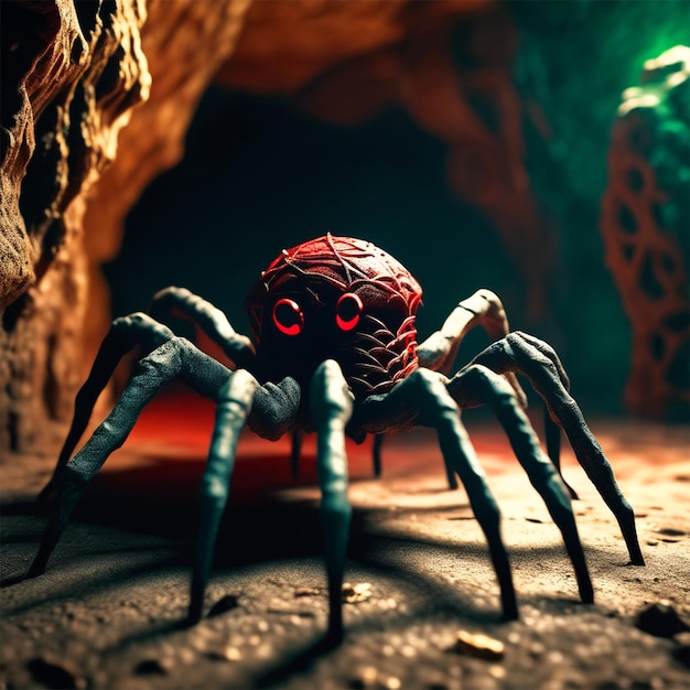 Das spukhafte Geschöpf, das wie eine Spinne aussieht, voller Körper, rötliche Augen, der Hintergrund ist eine Höhle, in der