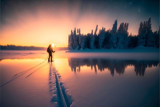 Das Ständchen der verschneiten Natur fesselndes Skifahren bei Sonnenuntergang inmitten generativer KI