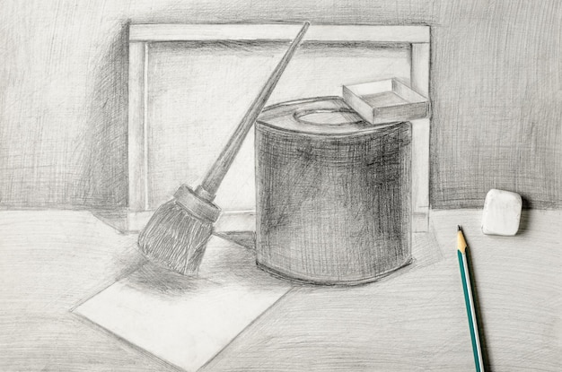 Das Stillleben ist mit Bleistift gezeichnet Das Konzept des Zeichnenlernens