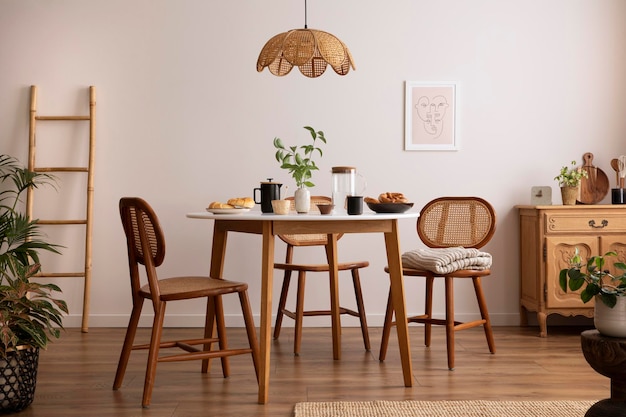 Das stilvolle Esszimmer mit rundem Tisch, Rattanstuhl, Holzkommode, Poster und Küchenzubehör. Beige Wand mit Mock-up-Poster. Wohnkultur-Vorlage