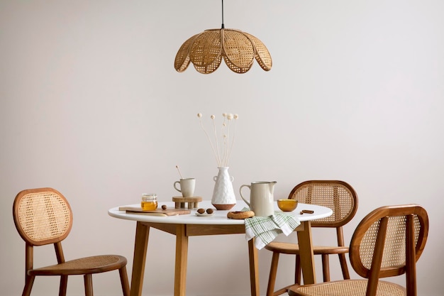 Das stilvolle Esszimmer mit rundem Tisch, Rattanstuhl, Lampe und Küchenzubehör Grünes Blatt in Vase Beige Wand Wohnkultur Vorlage