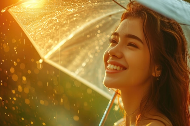 Das strahlende Lächeln einer Dame unter einem Regenschirm inmitten des sonnigen Regens