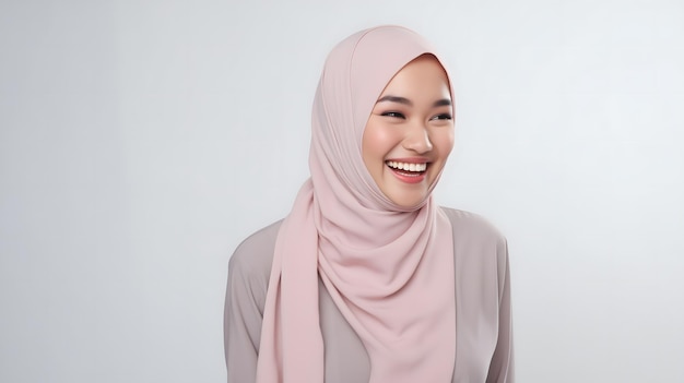 Foto das strahlende lächeln einer wunderschönen asiatischen frau mit hijab fängt echte freude und wärme ein