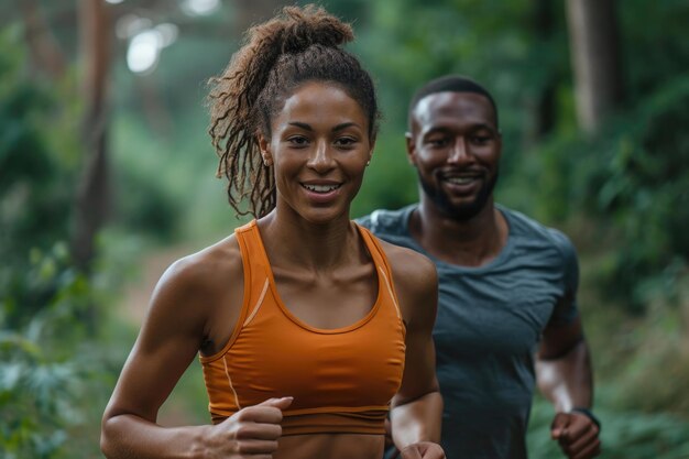 Das strahlende Lächeln eines Ehepaares mittleren Alters, das beim Jogging trainiert