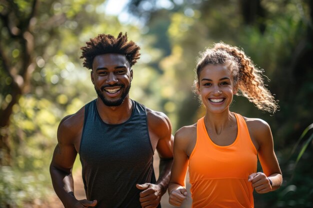 Das strahlende Lächeln eines Ehepaares mittleren Alters, das beim Jogging trainiert