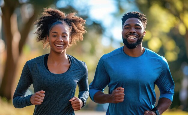 Das strahlende Lächeln eines Ehepaares mittleren Alters, das beim Jogging trainiert