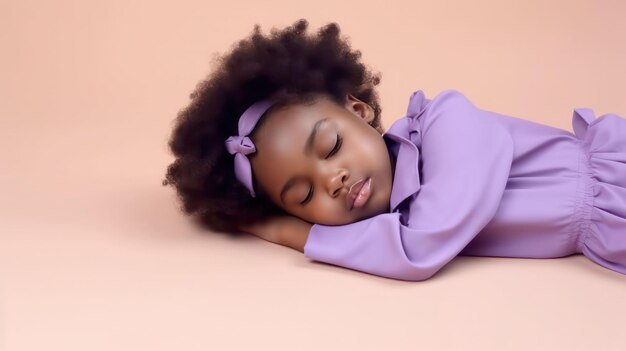 Das süße afrikanische Baby liegt auf dem Boden und schläft mit geschlossenen Augen auf einem helllilafarbenen Hintergrund