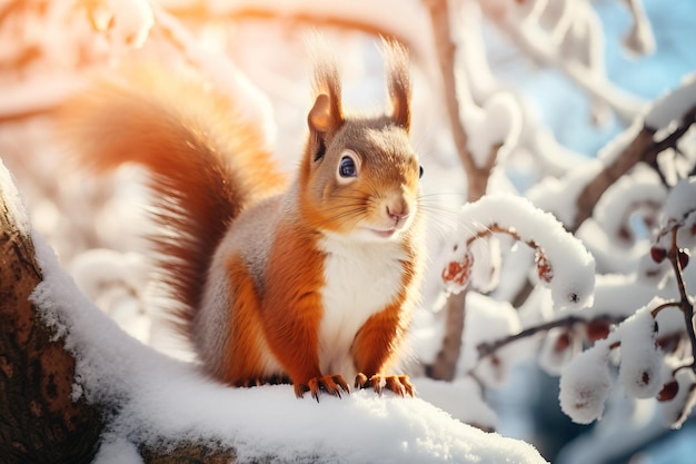 Das süße, flauschige Eichhörnchen sitzt auf einem Ast im Winterwald