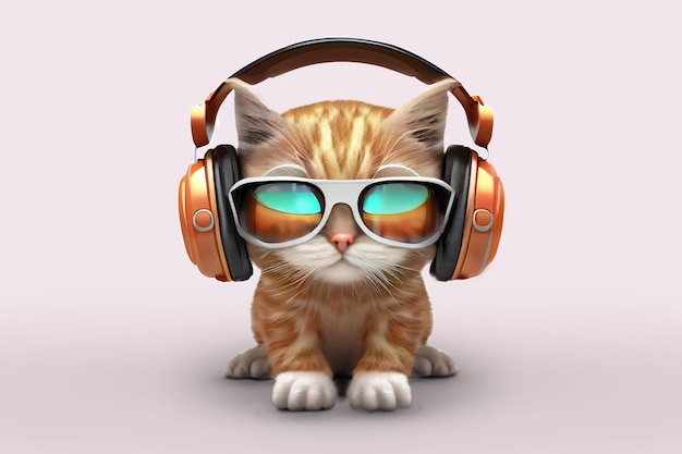 Das süße trendige Ingwerkätzchen mit Sonnenbrille und orangefarbenen Kopfhörern hört Musik auf einem