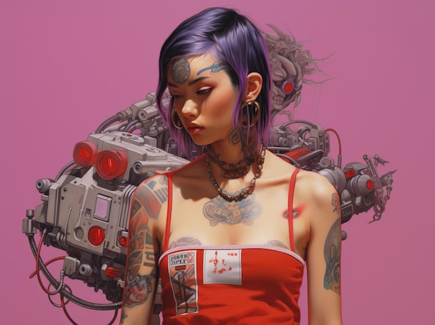 Das Tattoo eines japanischen Mädchens stellt die asiatischen Kulturen im Stil des Synthpunk neu dar.