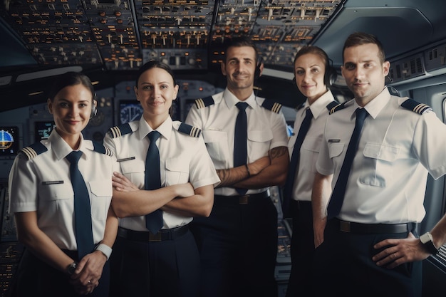 Das Team aus Piloten und Flugbegleitern steht mit dem Flugzeug im Hintergrund und ist für einen sicheren und komfortablen Flug verantwortlich Generative KI