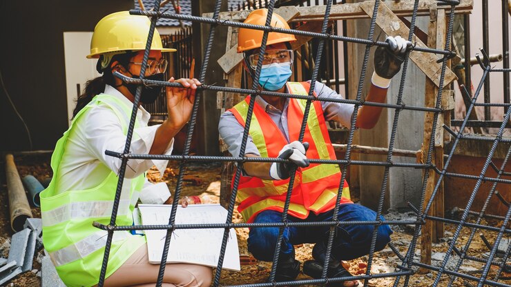 Das Team des Ingenieurs-Auftragnehmers trifft sich mit dem Projekt der Arbeitssicherheitsbranche, überprüft den Entwurf des Hausplans und untersucht die Größe und Qualität des Stahls, der auf Baustellen verwendet wird.