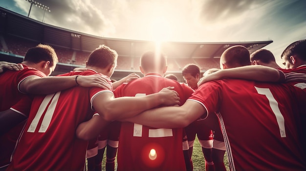 Das Team steht dicht gedrängt und feiert den Sieg. Sonniger Tag, im Hintergrund scheint die Sonne