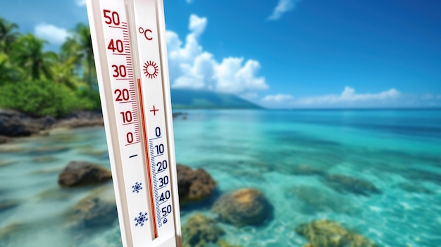 Das Thermometer zeigt vor dem Hintergrund des Meeres 30 Grad