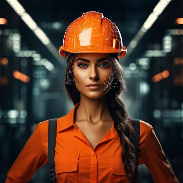 das Tragen von Sicherheitsgeräten einschließlich eines orangefarbenen Helms Arbeit in der Industrie, die von KI erzeugt wird