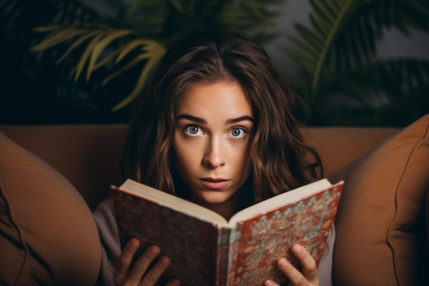 Foto das verführerische geheimnis ein fesselndes junges mädchen verbirgt ihr gesicht mit einem buch, das einen blick auf die