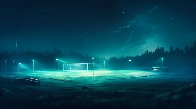 Das verschwommene Bild zeigt ein Fußballfeld bei Nacht