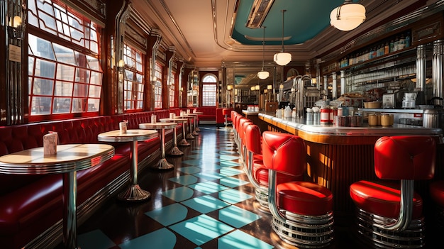 Das Vintage-Retro-Diner bezaubert mit seinem nostalgischen Ambiente mit karierten Böden und klassischen roten Ledernischen