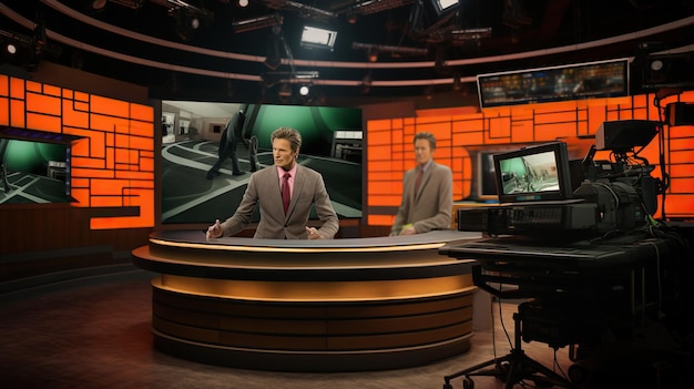 Foto das virtuelle news-studio ist ein 3d-nachrichtenset, ein fernsehstudio.