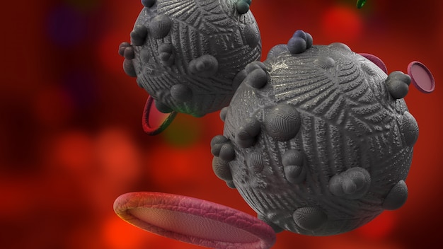 Das Virus in dunklem 3D-Rendering für Medizin- und Gesundheitsinhalte.