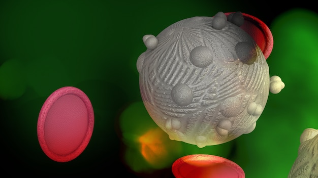 Das Virus in grünem dunklem 3D-Rendering für Medizin- und Gesundheitsinhalte.