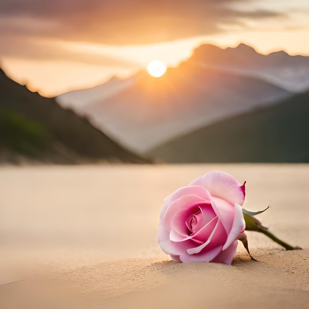 Das von Ai erzeugte rosafarbene Rosenfoto befindet sich im Wasser an einem Strand