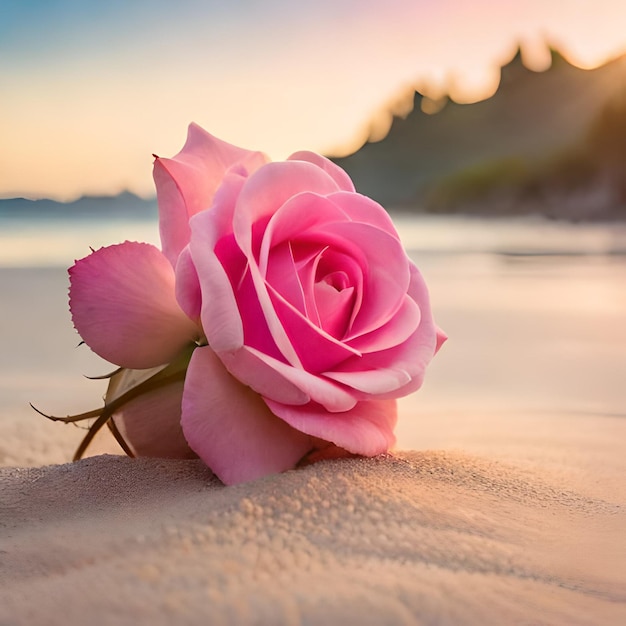 Das von Ai erzeugte rosafarbene Rosenfoto befindet sich im Wasser an einem Strand