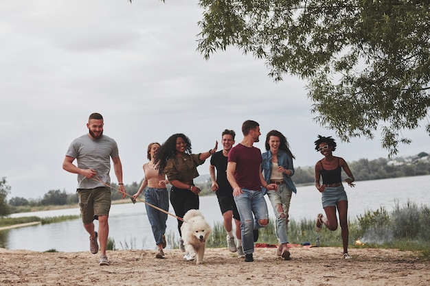 Das war ein schöner Tag. Eine Gruppe von multiethnischen Freunden macht einen Spaziergang mit Hund am Strand.