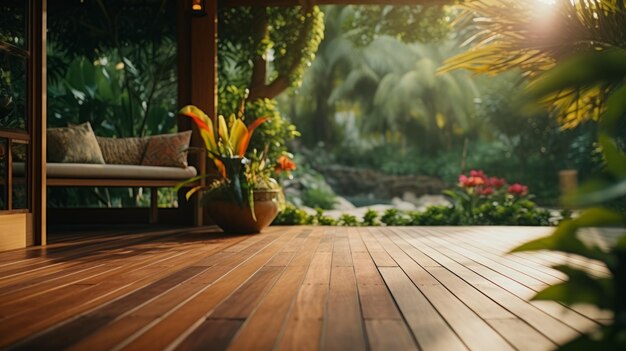Foto das warme holzdeck führt zu einem pool im tropischen paradies.