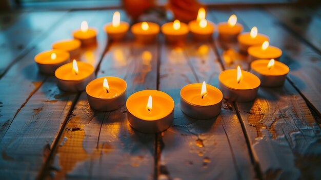 Das warme Leuchten von Kerzen erzeugt eine romantische Atmosphäre Ein Kreis von Kerzen brennt auf einem Holztisch