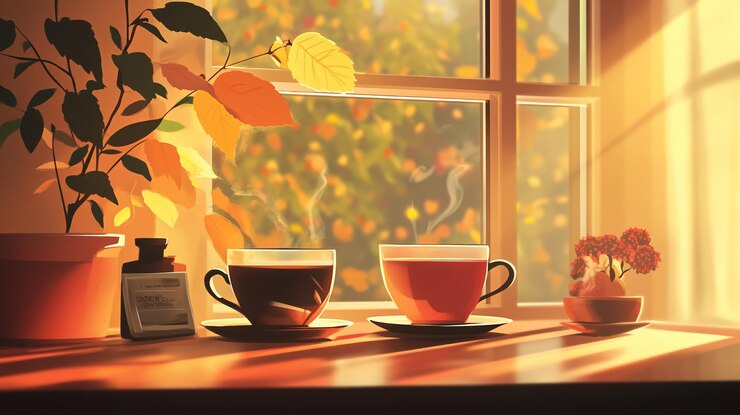 Das warme Morgenlicht erleuchtet die Kaffeetassen neben den Herbstblättern auf einem sonnigen Tisch