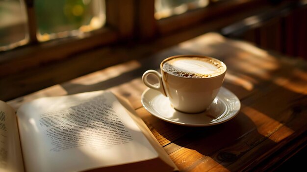 Das warme Sonnenlicht strömt durch das Fenster und beleuchtet das offene Buch und die Kaffeetasse auf dem Holztisch