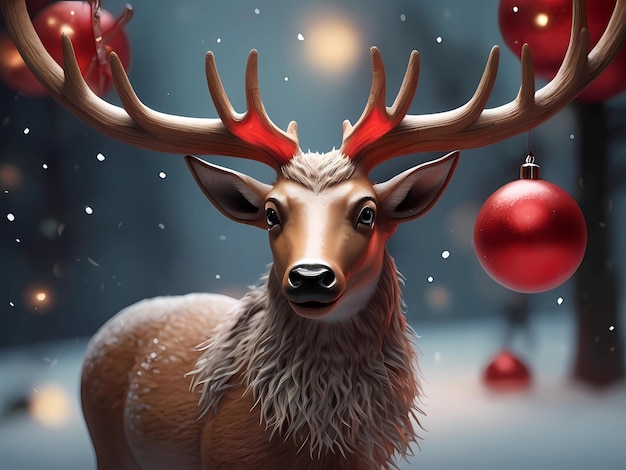 Das Weihnachtsrentier ist mit einer leuchtend roten Nase und leuchtenden Geweißen geschmückt, die ein warmes und