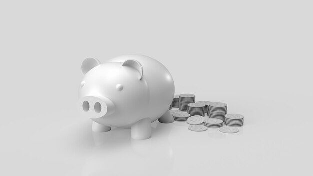 Das weiße Sparschwein und die Münzen auf klarem Hintergrund 3D-Rendering