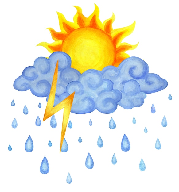 das wetter ist sonne mit regen und blitz kinderwetterillustration isoliert auf weiß